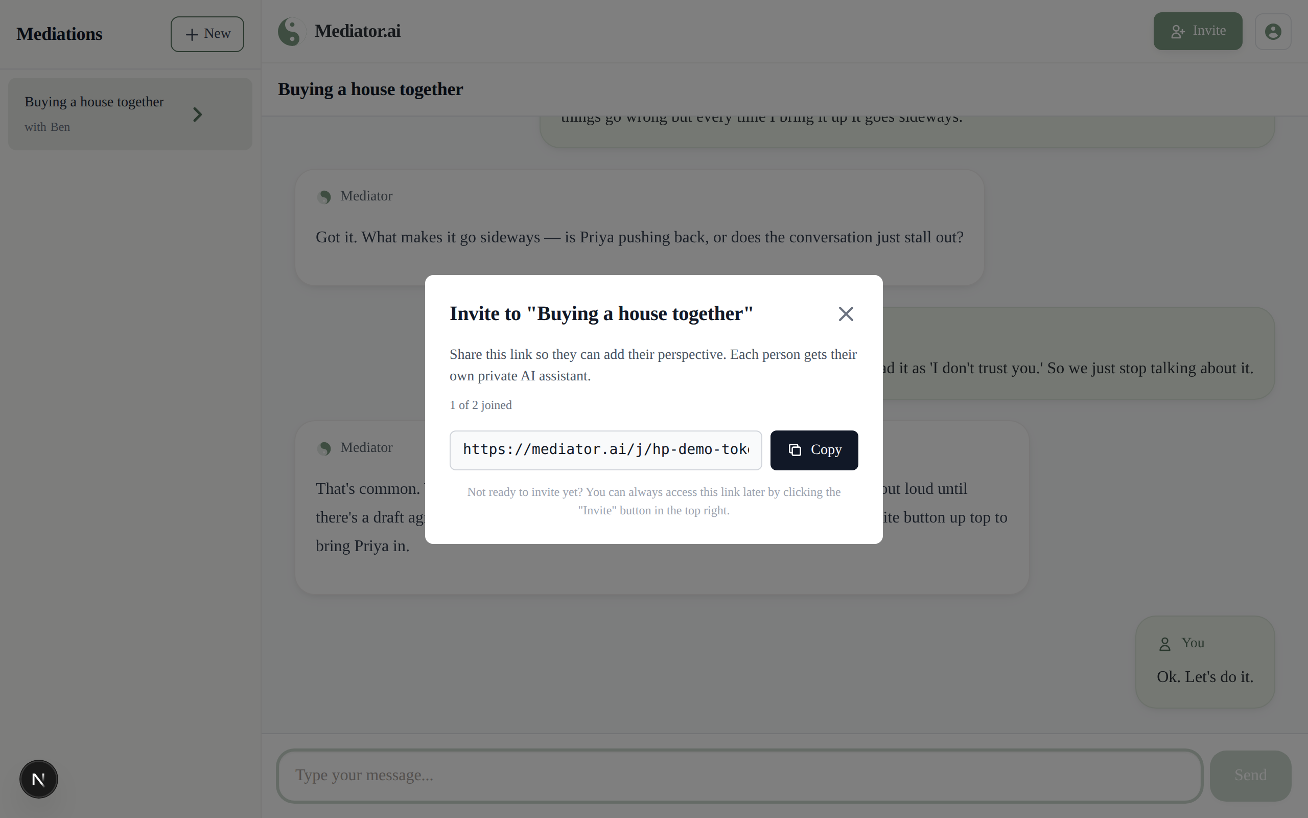 Invite the other person — Invite link generated and ready to share