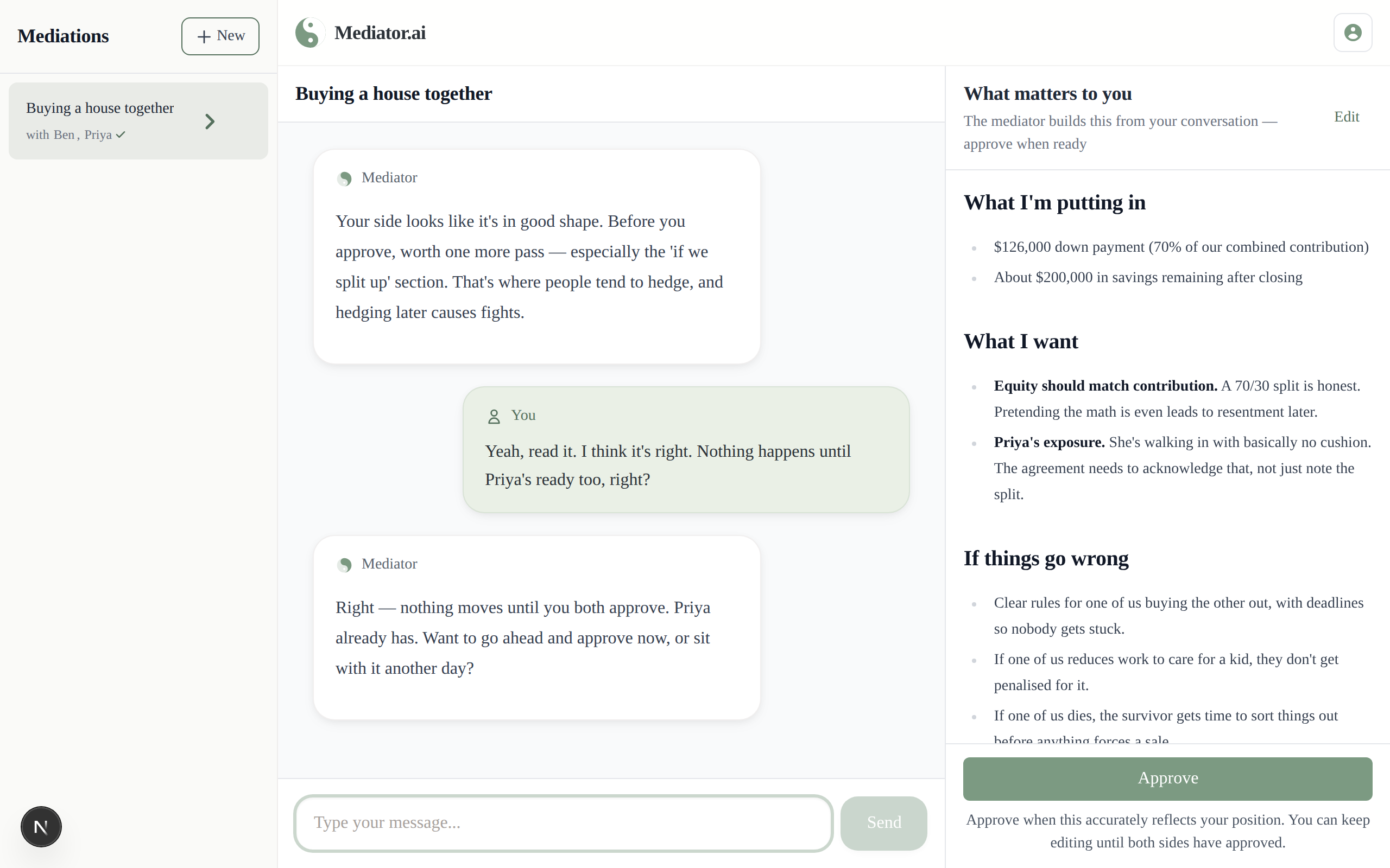 Approve your side when you're ready — 'Approve' button on the position document