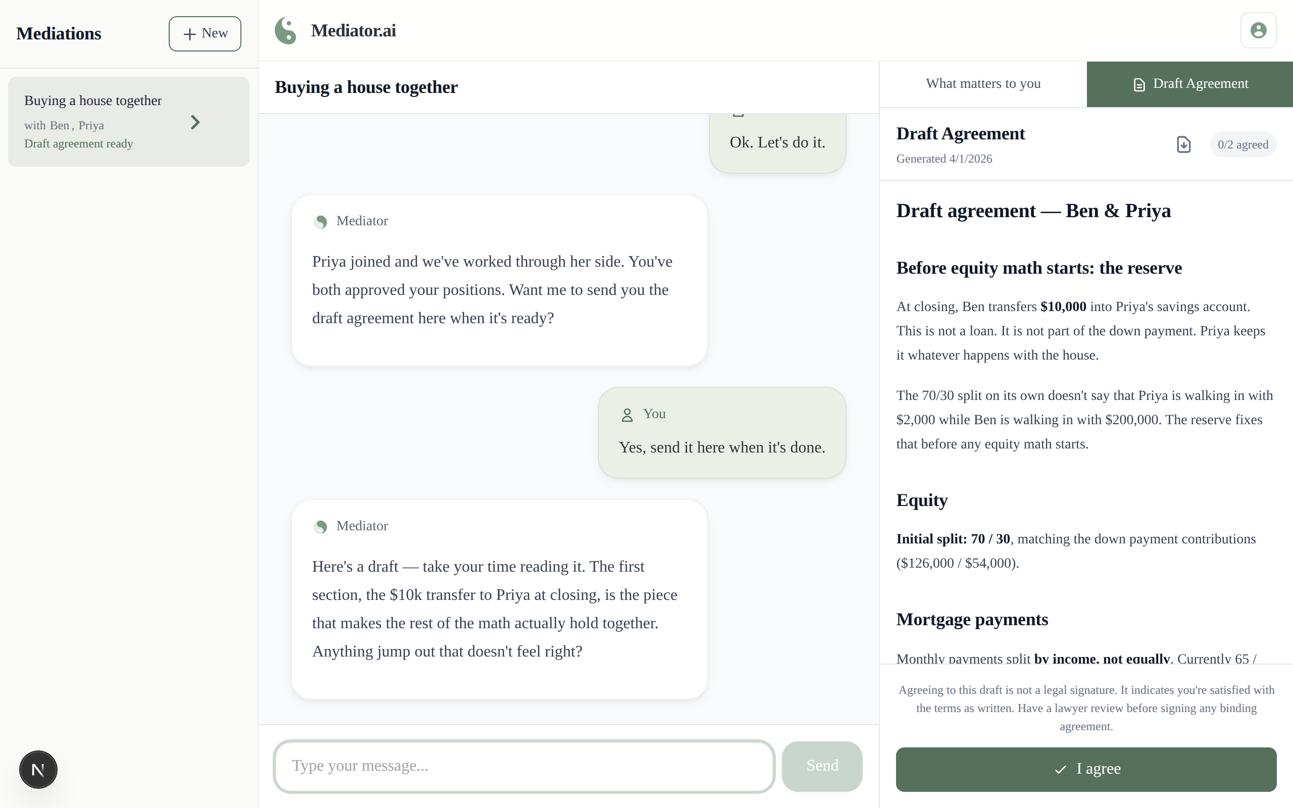 Mediator drafts an agreement — Draft agreement shown in the app